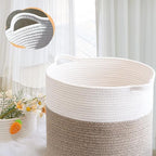 Laundry Hamper,Blanket Basket in Living Room Decor,Pure Cotton Rope Woven Basket for Dirty Clothes,Storage Basket for Nursery Bin,Baby Toy Storage,15.5 * 13.5 inches-40L White & Brown Mixed
