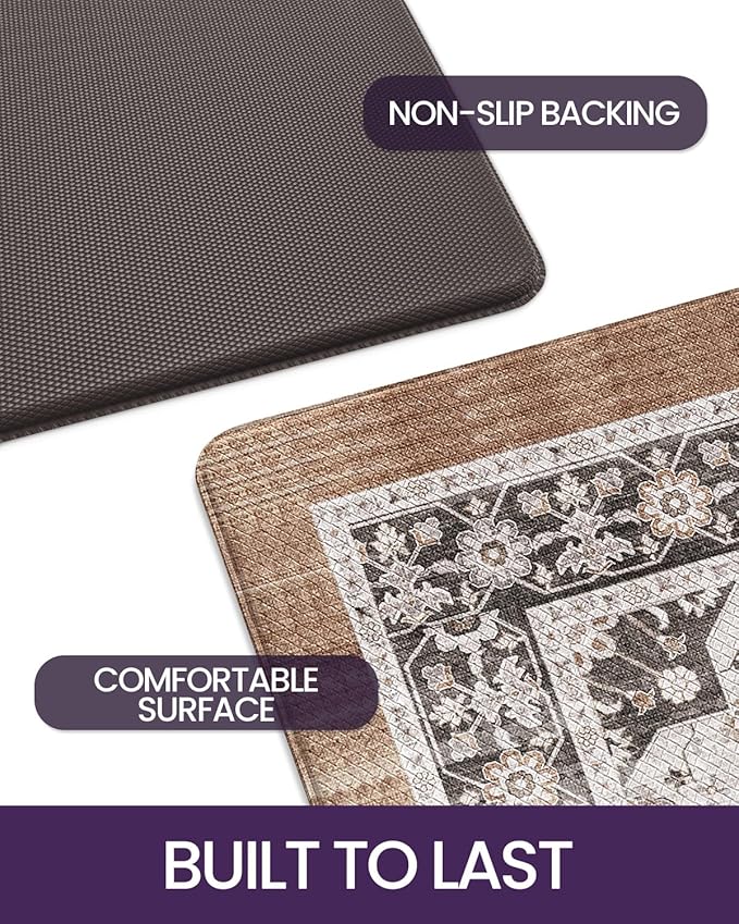 DEXI Kitchen Floor Mats Cushioned Anti Fatigue, 23x59 Rubber Wide Standing Comfort Runner Rug, Waterproof Retro Floral Memory Foam Padded for Front Sink Laundry, Black/Brown