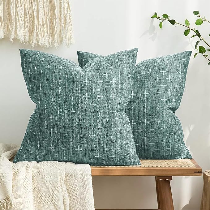 MIULEE Pack of 2 Decorative Burlap Linen Spring Throw Pillow Covers Modern Farmhouse Vintage Pillowcase Rustic Woven Textured Cushion Cover for Sofa Couch Bed 24x24 Inch Azure