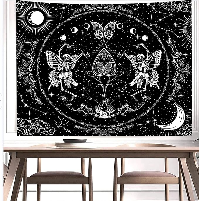 KJHL Skull Tapestry Black and White Skeleton Lovers Tapestries Aesthetic Large Gothic Butterfly Wall Hanging for Bedroom Living Room 59ʺ x 79ʺ