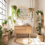 Rattan Mirror,Round Boho Bathroom Mirror for Wall,24" Circle Wicker Vanity Mirror for Nursery Décor,Coastal Farmhouse Wood Mirror for Bedroom Entryway Living Room