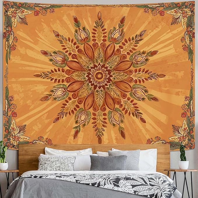 Accnicc Boho Floral Mandala Tapestry for Bedroom Bohemian Flower Wall Tapestry Aesthetic Extra Large Vintage Orange Hippie Indian Tapestries Wall Hanging for Living Room Dorm Decor 90 x 68 Inch