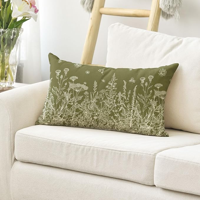 AVOIN colorlife Wildflowers Spring Antique Herbs Green Throw Pillow Cover, 12 x 20 Inch Flower Cushion Case Decoration for Sofa Couch
