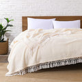 Ultra Soft Fleece Sherpa Blanket Queen Size,Lightweight Cozy Boho Bed Blanket with Decorative Tassel, Pattern Reversible, Antique White, 90”x90”