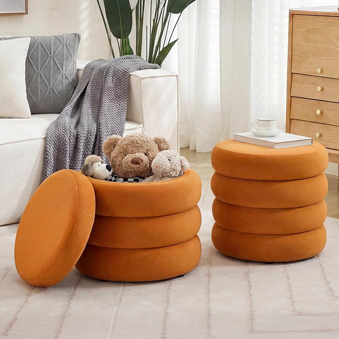 Compact Round Ottoman, Plush Velvet Upholstery Storage Ottoman, Modern Tufted Circle Design with Removable Lid for Lounge, Dorm and Entryway, Orange