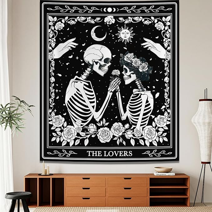 Atrippy Halloween Gothic Room Decor Tapestry, Goth Skull Grunge Tapestry for Bedroom, Witchy Dark Aesthetic Home Decor, Small Skeleton Vintage Black and White Emo Wall Decor (36" X 48")