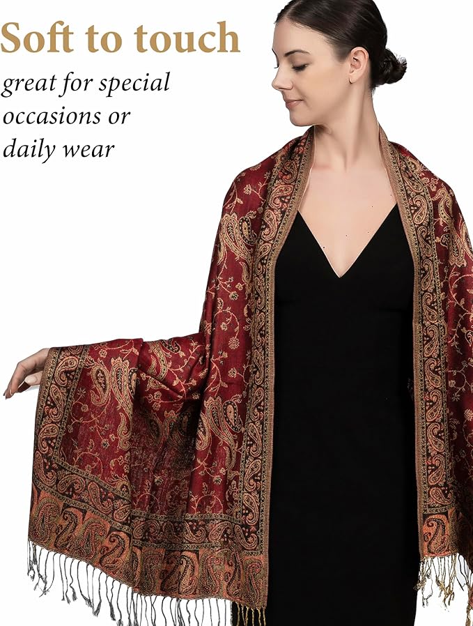 Achillea Reversible Paisley Pashmina Rave Scarf – Exotic Indian Shawls and Wraps for Evening Dresses, Festivals, All Seasons