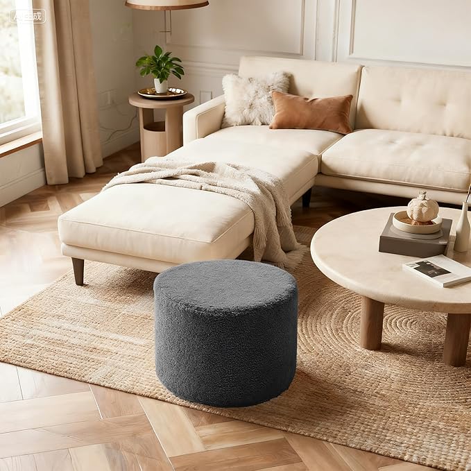 Round Boucle Pouf Ottoman Footrest – Soft & Lightweight Footstool with Full Foam Filling for Living Room, Bedroom