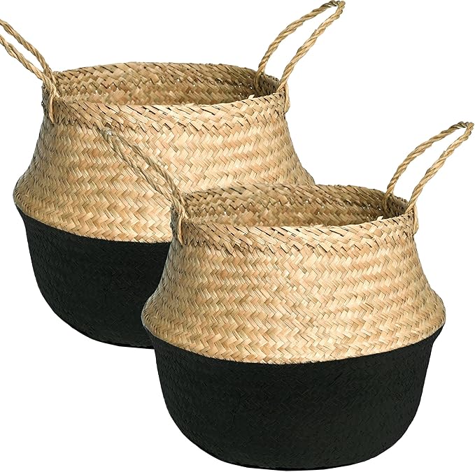2 PACK LiloCraft Seagrass Plant Basket (Size: 9x8inches, Pattem: Black Bottom) Home Decor Storage Solution with Eco-Friendly, Woven Basket Planter Indoor with Handles, Round Boho Plant Pot