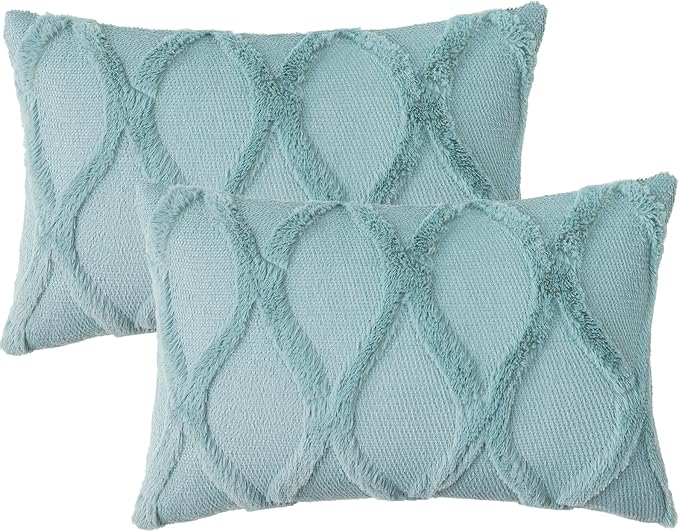 decorUhome Spring Throw Pillow Covers 12x20 Inch Set of 2, Soft Plush Faux Fur Wool Lumbar Aqua Accent Couch Pillow Covers for Modern Farmhouse Bed Sofa Living Room