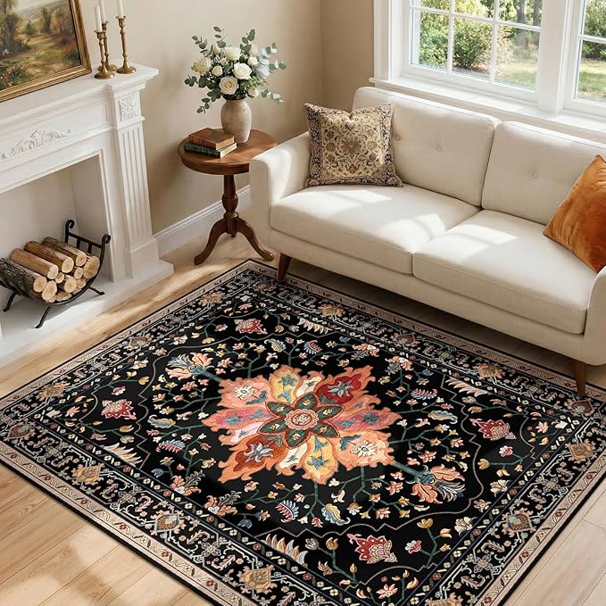 Area Rugs 4'x6' Washable Non-Slip, Floral Vintage Distress Print Pattern Medallion Carpet for Living Room Bedroom Dining Room, Black Colorful Floral Dark Tan