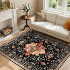 Area Rugs 4'x6' Washable Non-Slip, Floral Vintage Distress Print Pattern Medallion Carpet for Living Room Bedroom Dining Room, Black Colorful Floral Dark Tan