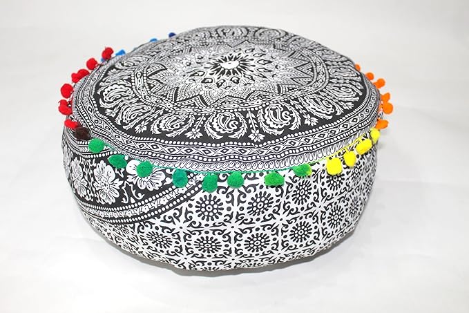 INDIAN CRAFT CASTLE ICC Mandala Barmeri Large Floor Pillow Cover Cushion Meditation Seating Ottoman Throw Cover Hippie Decorative Zipped Bohemian Pouf Ottoman Cases Black Elephant, 24" Round