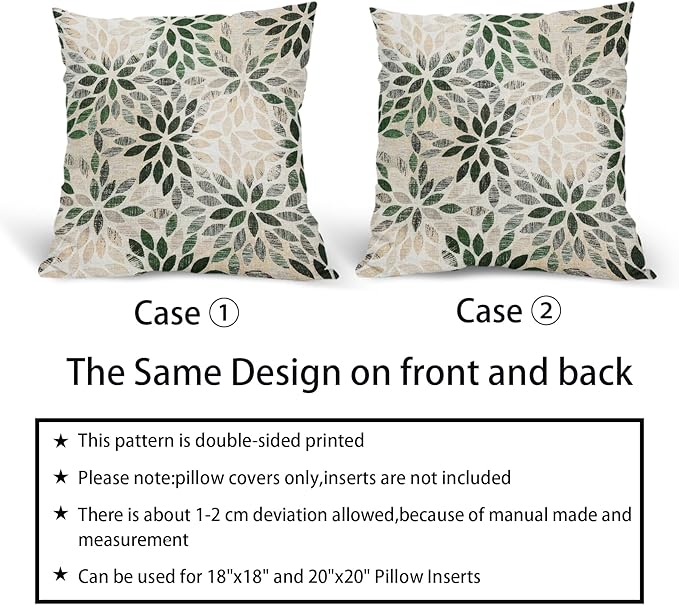 Kawani Green Dahlia Throw Pillow Covers 22x22 Inch Rustic Geometric Flower Decorative Square Pillow Cases Beige Tan Gray Floral Cushion Covers Farmhouse Home Decor for Sofa Couch Outdoor Set of 2
