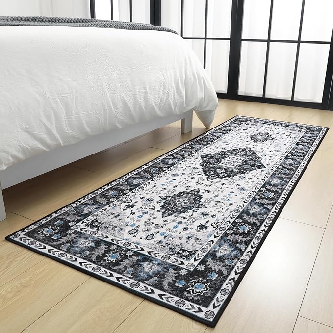 Amearea Vintage Design Runner Rugs for Living Room, 2x6 Machine Washable Floral Collection Traditional Bedroom Rug, Low Pile Cute Kids Room Print Carpet, No Slip Office Kitchen Home Decor, Black