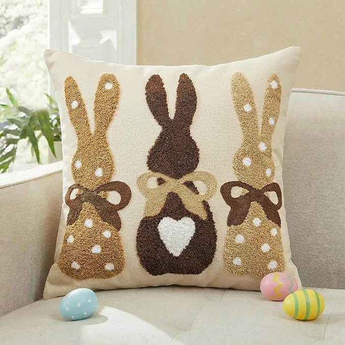 AVOIN colorlife Easter Polka Dot Love Heart Bunny Embroidered Throw Pillow Cover, 18 x 18 Inch Bow Rabbits Tufted Patterned Linen Decoration Cushion Case for Sofa