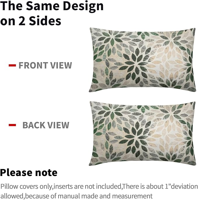 Kawani Green Dahlia Lumbar Pillow Covers 12X20 Inch Rustic Geometric Flower Decorative Pillow Cases Set of 2 Beige Tan Gray Floral Throw Pillows for Cushion Sofa Couch Farmhouse Outdoor