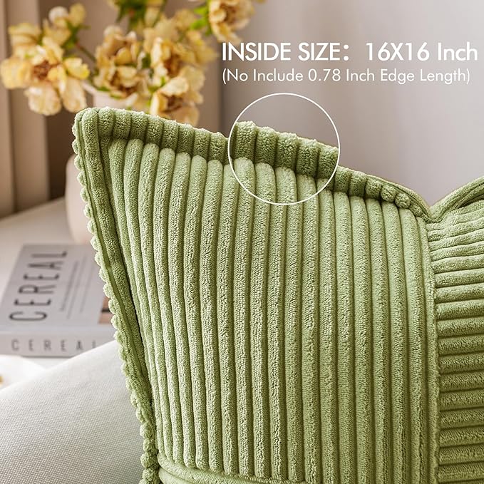 MIULEE Spring Decorative Throw Pillow Covers for Couch Bed Livingroom 16x16 Inch Set of 2 Green Boho Accent Throw Pllows Broadside Striped Patchwork Soft Corduroy Summer Pillowcases