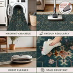 Dark Green Oushak 2x4 Entryway Rug - Modern Vintage Boho Eclectic Floral Pastel, Washable Low Pile Non-Slip Small Throw Area Rugs for Door Mat Indoor Entrance, Kitchen, Bathroom, Bedroom, Laundry