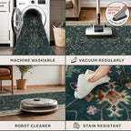 Dark Green Oushak 5x8 Living Room Rug - Modern Vintage Boho Eclectic Floral Pastel, Washable Low Pile Non-Slip Large Area Rugs for Nursery Dining Under Table Bedroom Lounge