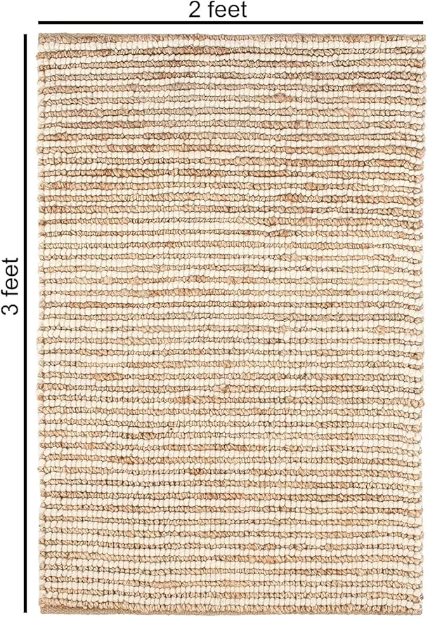 FRELISH DECOR Wool and Jute Premium Handwoven Chunky Stripes Rug - Contemporary Doormat for Bedroom Entryway Kitchen (2' x 3' - Natural Ivory)