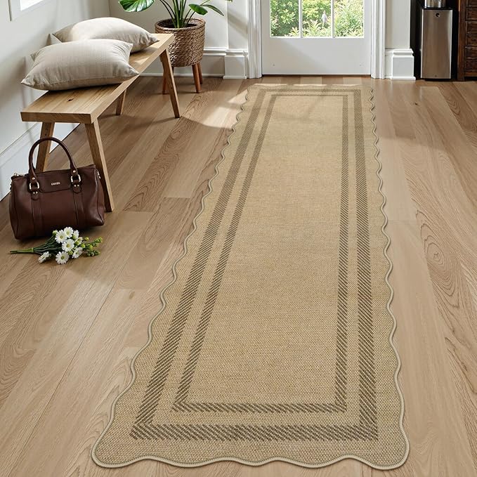 LIVEBOX Scalloped Washable 2x8 Kitchen Runner Rug, Easy Jute Geometric Tan Rugs for Hallway Runner Entryway, Indoor Outdoor Non Slip Rug Farmhouse Modern Carpet Door Mat for Porch Laundry Room