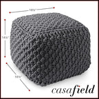 Casafield Square Pouf Ottoman, Dark Gray 18.5" W x 18.5" D x 14.5" H Cotton Knit Foot Stool - Boho Floor Pouffe for Living Room, Bedroom, Home Office