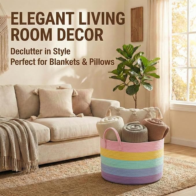 115L Extra Large Blanket Basket for Living Room - Woven Cotton Rope Laundry Hamper with Reinforced Handles - Storage Bin for Pillows, Comforters & Toys - Machine Washable,Rainbow
