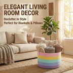 115L Extra Large Blanket Basket for Living Room - Woven Cotton Rope Laundry Hamper with Reinforced Handles - Storage Bin for Pillows, Comforters & Toys - Machine Washable,Rainbow