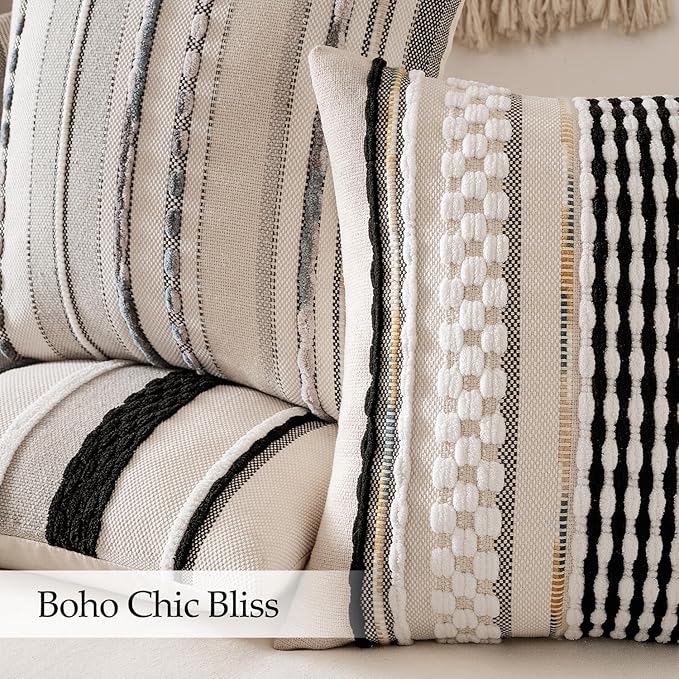 ANRODUO Pack of 2 Boho Decorative Throw Pillow Covers 20x20 Farmhouse Cushion Case Striped Chenille Pillow Cases Square Pillow Covers Accent Neutral Pillowcase for Sofa Couch Bed, Black-White Stripe