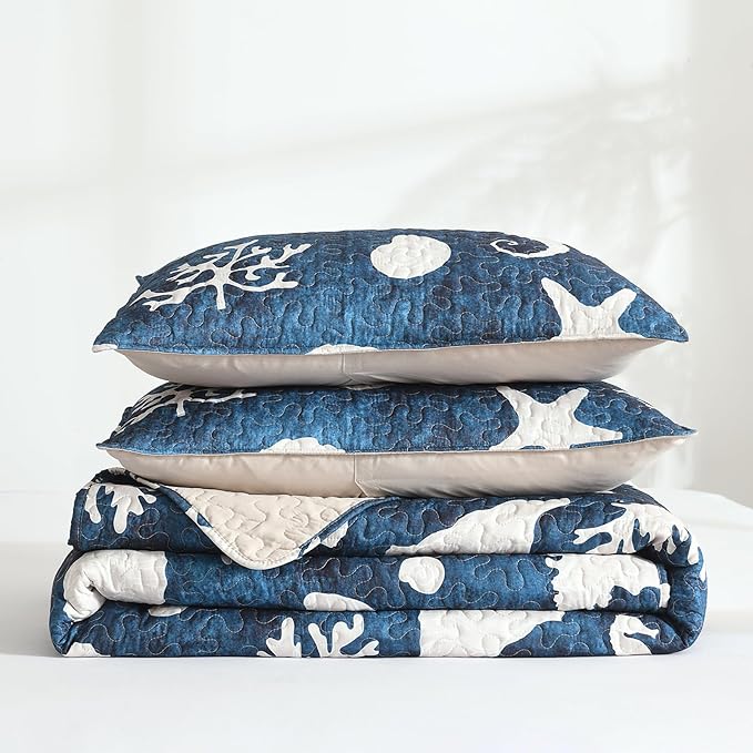 HORIMOTE HOME Coastal Quilt Bedding Set King Size, Reversible Navy Summer Beach Quilt Lightweight Ocean Nautical Comforter Tropical Bedspread Coverlet with 2 Pillow Shams for All Seasons (106"x96")