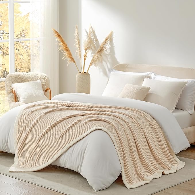 Snuggle Sac Stripe Soft Throw Blanket for Couch, Fuzzy Microfiber Knit Stripe Ribbed Blankets for Couch, Sofa, Travel, Cream Beige, 50x60 inches