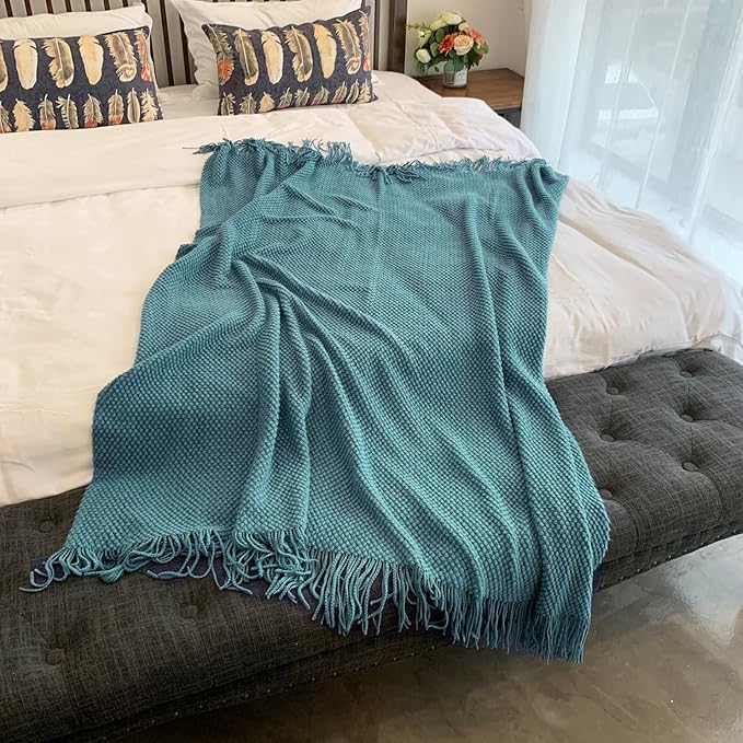 LOMAO Knitted Throw Blanket with Tassels Bubble Textured Lightweight Throws for Couch Cover Home Decor (Teal, 60x80)