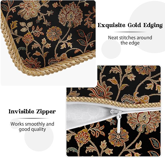 Vintage Tapestry Floral Soft Velvet Throw Pillow Covers Set of 2 Black Brown Bohemian Boho Carpet Flowers Decorative Pillow Covers 16x16 Inch Rustic Retro Rug Pillow Case For Sofa Couch Home Decor