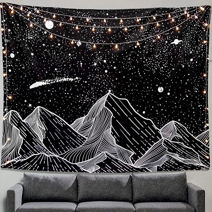 Zussun Black and White Tapestry Starry Night Mountain Tapestries for Bedroom Aesthetic Moon and Stars Tapastry's Wall Hanging Dark Nature Forest Wall Tapestry for Living Room Dorm (Dark, 80'' × 60'')