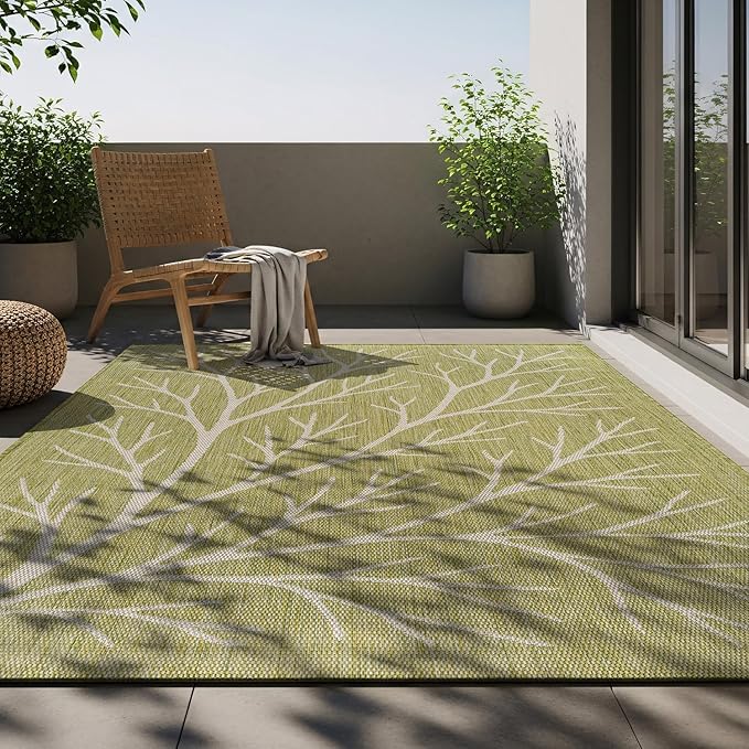 Washable Indoor Outdoor Rug 5x7 Modern Area Rugs Branch Pattern Non Shedding Waterproof Easy Clean Patio Deck Porch Living Room Bedroom Garden RV (5 X 7 Olive)