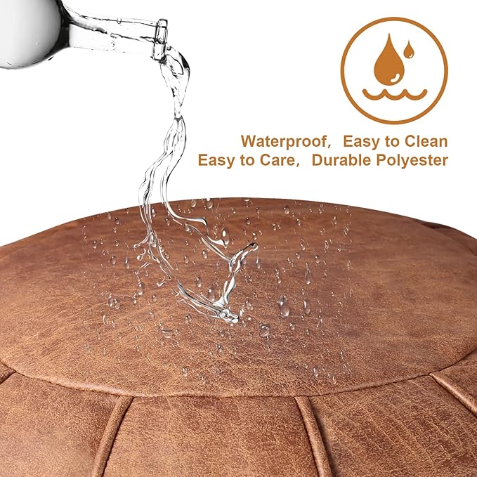 Louis Donné Unstuffed Moroccan Ottoman Pouf Cover, Waterproof Handmade Faux Decor Storage Solution, Footstool Pouffe Cover Replacement Balcony Indoor 21dia Chestnut Brown, ONLY Cover
