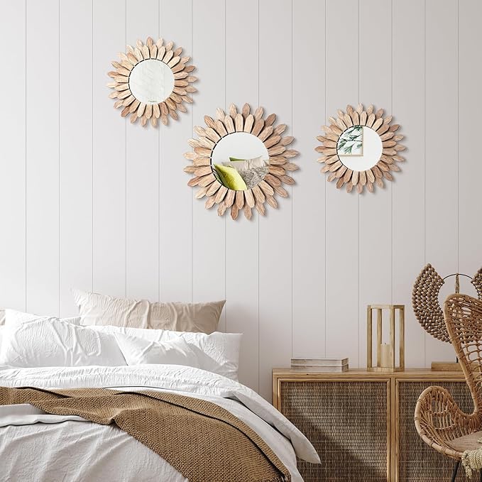 3 Pack Gold Sunburst Mirrors for Wall Decor Circle Flowers Mirrors Decorative Gold Hanging Wall Art Flowers Mirror for Home Living Dinning Room Bedroom Bathroom Boho Decoration Art (Flower)