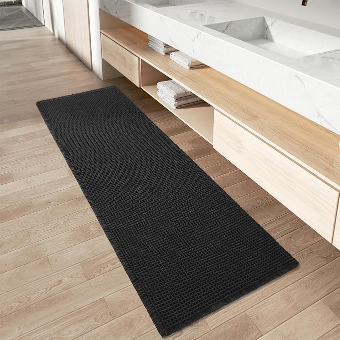 AMOAMI Upgraded Waffle Runner Rug, Super Absorbent Non Slip Bath Mats for Bathroom Floor, Washable Bathroom Runner Rug with Tassels, Ideal for Hallway Bedroom Laundry Room, Black, 2'x 5'(24" x 60")