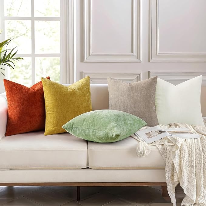 decorUhome Chenille Cream White Spring Euro Sham Throw Pillow Covers 22x22 Inch Set of 2, Decorative Soft Couch Pillow Covers Solid Dyed Accent Farmhouse Neutral Square Pillow Cases for Sofa
