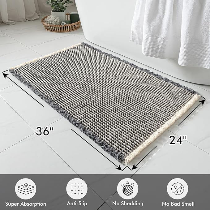 MIULEE Set of 2 Waffle Bathroom Rugs, Boho Bath Rugs Non Slip Washable, Super Absorbent Bath Mats, Ultra Soft Rubber Backed Shower Mats for Bathroom Floor, Tub, Shower, Dark Grey & Yellow, 24x36 Inch