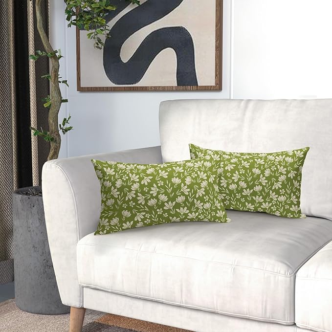 Lime Green Pillow Covers 12x20 Set of 2 Vintage Floral Rustic Old Style Cute Flower Print Rectangle Decorative Outdoor Pillowcases Seasonal Farmhouse Throw Cushion Case Couch Sofa Bed Decor