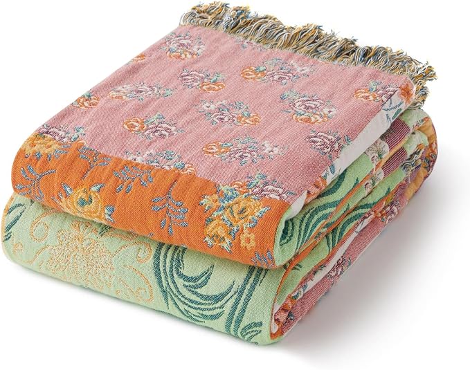 100% Cotton Boho Throw Blanket for Home Decor – Classic Farmhouse Quilt Bedding, Muslin Blankets for Adults, Vintage Woven Decorative Blanket for Couch, Bed Layering Use, Patchwork, 90"x90"