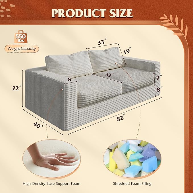 WLIVE 82'' Boneless Loveseat, Couches for Living Room, Bean Bag Couch for Adults, with Pillows, Giant Floor Couch, Plush Sofa, Greyish Beige, Loveseat