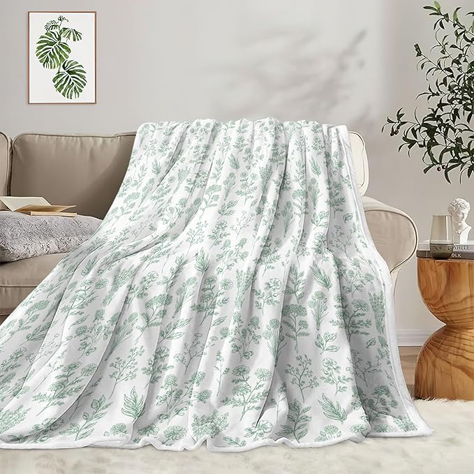 Floral Fuzzy Blanket Green Floral Throw Blanket, Botanical Flowers Blankets, Soft, Flannel, Warm, Boho Flowers Bed Blankets All Season for Couch Bedroom Living Room 50X70 Inch