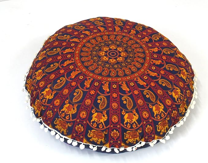 Round Mandala Floor Pillow Cover Seating Cushion Throw Cover Hippie Decorative Bohemian Ottoman Pouf Cover, Pom Pom Pillow Cases,Boho Indian 22 Inches (Orange)
