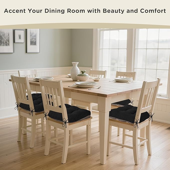 AddGrace Chair Cushions for Dining Chairs Set of 2 Kitchen Seat Cushions with Ties and Non Slip Backing Tufted Indoor Seat Pad for Kitchen Dining Room 18" x 17" x 3" Black
