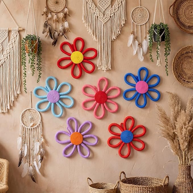 Ripeng 6 Pcs Boho Nursery Decor Flower Daisy Wall Art 6 Inch Woven Macrame Wall Hanging Bohemian Flower Decor Daisy Nursery for Baby Girls Kids Home Bedroom (Vibrant Color)