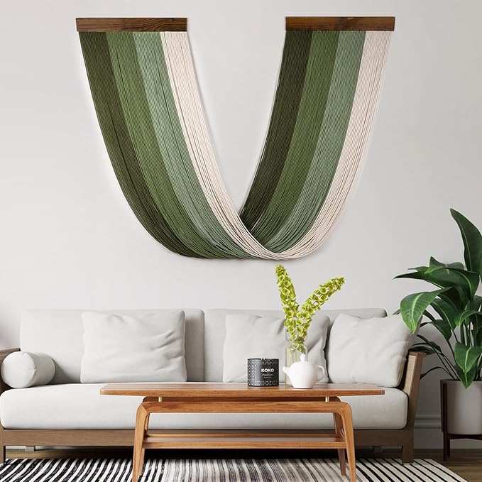 EOBTAIN Large Macrame Wall Hanging Art Decor,Boho Gradient Green to White Cotton Woven Tassel Tapestry for Bedroom Living Room Decor,Handmade Ombre Wall Art Home Decoration,Fashional Gift
