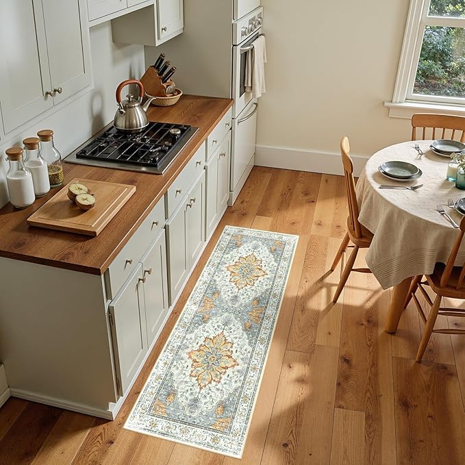 Area Rugs 2'x5' Runner Rug Non Slip Washable for Kitchen Hallway Bedroom Beside Laundry Room Bathroom Rug, Floor Carpet, Light Yellow Carbon Grey Orange